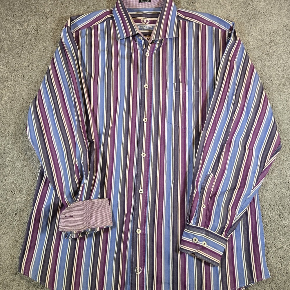Bugatchi Uomo Mens Stripe Classic Fit Button Down Shirt Size XL Navy Blue Cotton - Picture 2 of 10